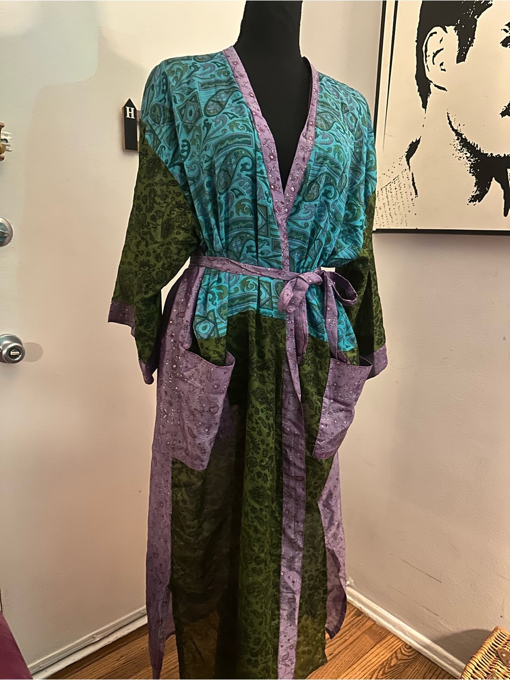 Green & Teal Patterned Duster Robe with Lavender Trim